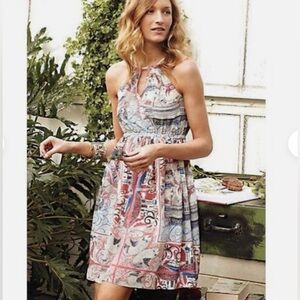 Anthropologie silk halter Dress Castle Lake toile Pink Floreat M